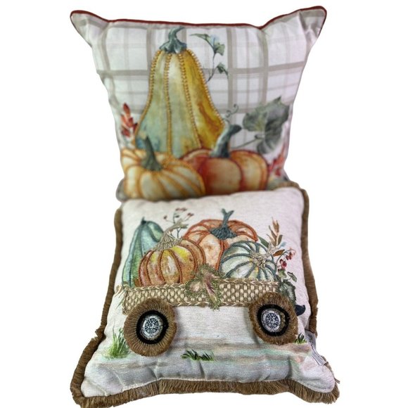 2 Throw Pillow Pumpkin Autumn Hill Thanksgiving Beaded Embroidered Fall Decor - Picture 2 of 10
